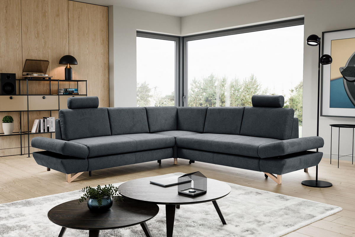 ECKSOFA CASA III R-S Anthrazit Plüsch-Stoff mit Schlaffunktion - Anthrazit, Holz (272/272cm) - MASSENO