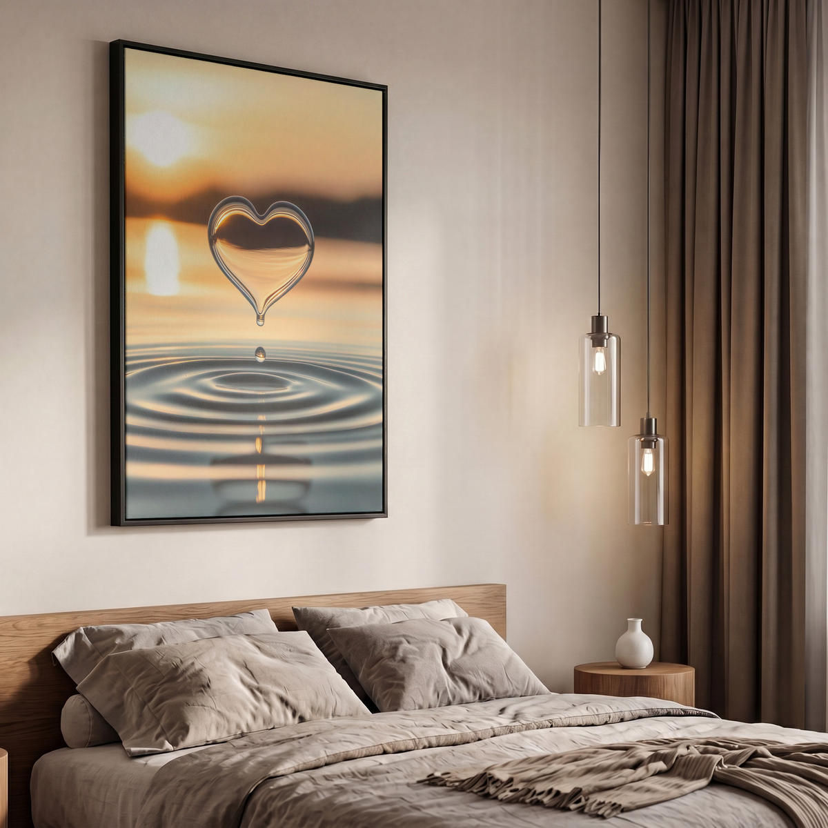 LEINWAND Bilder mit Rahmen - Herz - Wasser - Sonnenuntergang - Natur - Zen - 60x90 - Bernsteinfarben, Textil (60/90cm) - MuchoWow