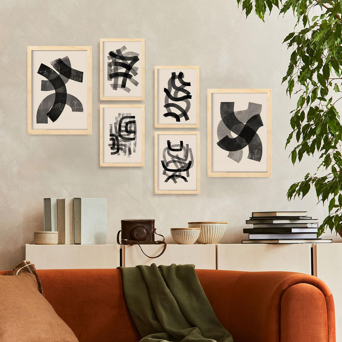 POSTER Set Mit 6 Gekrümmte Frames 1 In Form Abstracts Ästhetische Dekorative Gemälde Für Ihr Wohnzimmer Zuhause A3 & A4 Rahmen Aus Hellem Holz - Beige, Papier (29/3cm) - Nacnic
