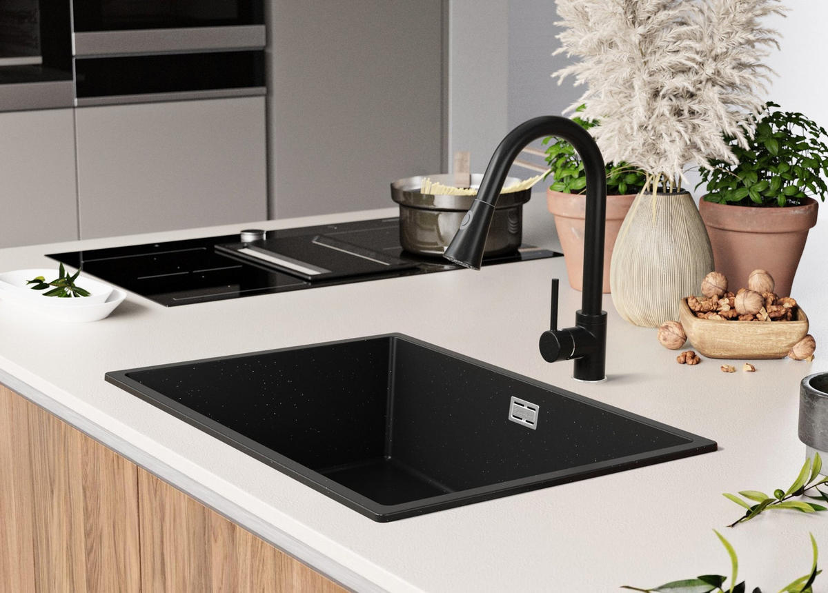 SPÜLBECKEN London Slim, 2-er set Schwarz Metallic 66/47 cm 1 Becken + Ablauf-Set ab 70er Unterschrank - Chromfarben/Schwarz Hochglanz, Kunststoff (66/20/47cm) - Primagran