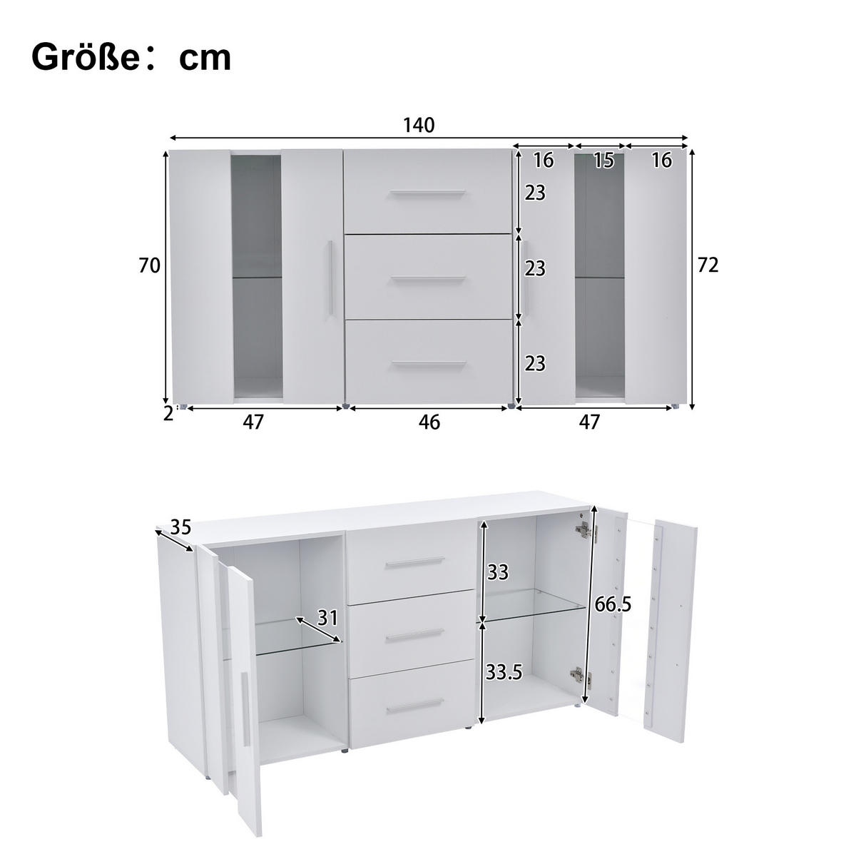 SIDEBOARD 140/35/70 cm in Weiß mit LED-Beleuchtung und 3 Schubladen - Weiß, Holzwerkstoff (140/70/35cm) - Flora Grace