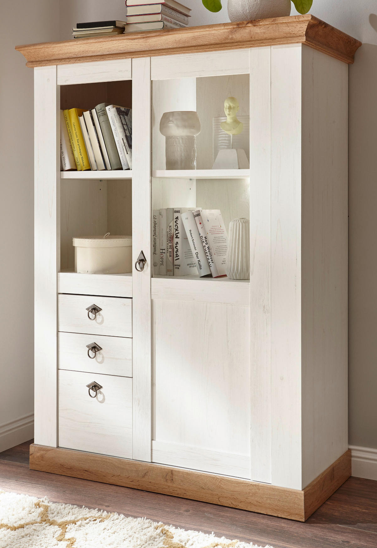 VITRINE weiß Pinie, Eiche 102 x 139 cm, Highboard im Landhaus-Stil - Eiche Wotan/Weiß, Glas/Holzwerkstoff (102/139/44cm) - Furn.Design