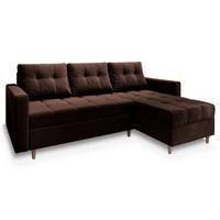 ECKSOFA MILO L Braun Plüsch-Stoff mit Schlaffunktion - Braun, Holz (220/140cm) - MASSENO