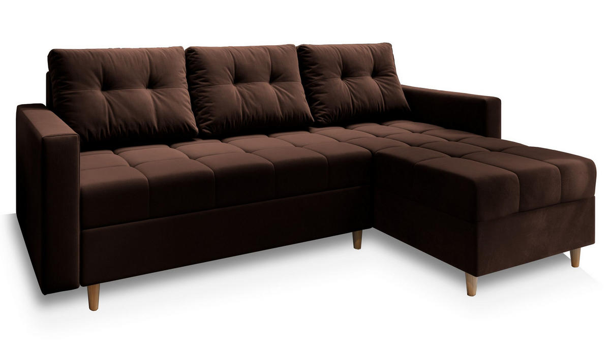 ECKSOFA MILO L Braun Plüsch-Stoff mit Schlaffunktion - Braun, Holz (220/140cm) - MASSENO
