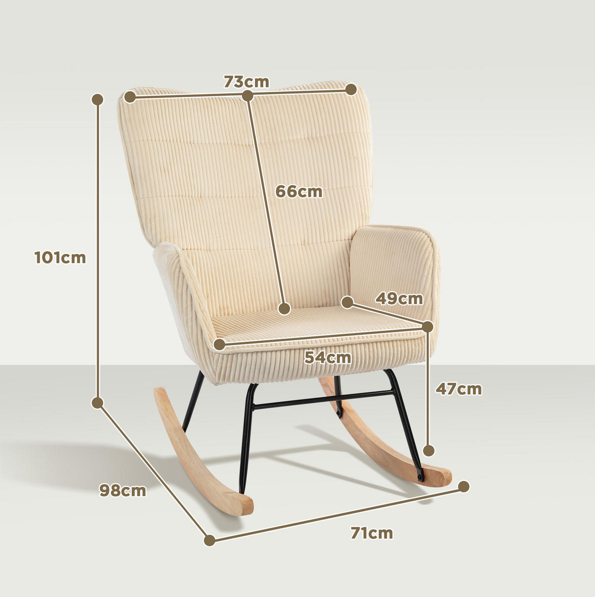SCHAUKELSTUHL 71/98/101 cm in Beige mit Kordbezug und Holzkufen - Beige, Holz (98/101/71cm) - Flora Grace