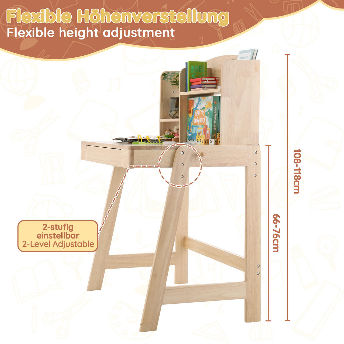 SCHREIBTISCH Naturfarben 88/60/118 cm höhenverstellbar Massivholz mit Schublade - Naturfarben, Holz (88/60/118cm) - PANGIVO