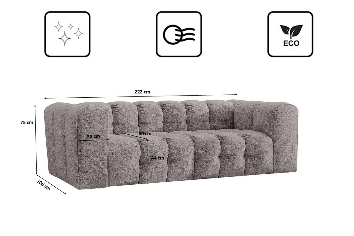 SOFA 3-Sitzer, Komfort, BALOO, Stoff Schenille & Bouclé, Grau - Grau, Holz (222/75/106cm) - Kaiser Möbel