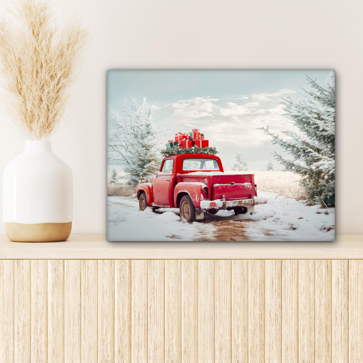 LEINWANDBILD Auto - Rot - Geschenke - Winter - Schnee - Weihnachten 40x30 cm - Rot, Textil (40/30cm) - MuchoWow