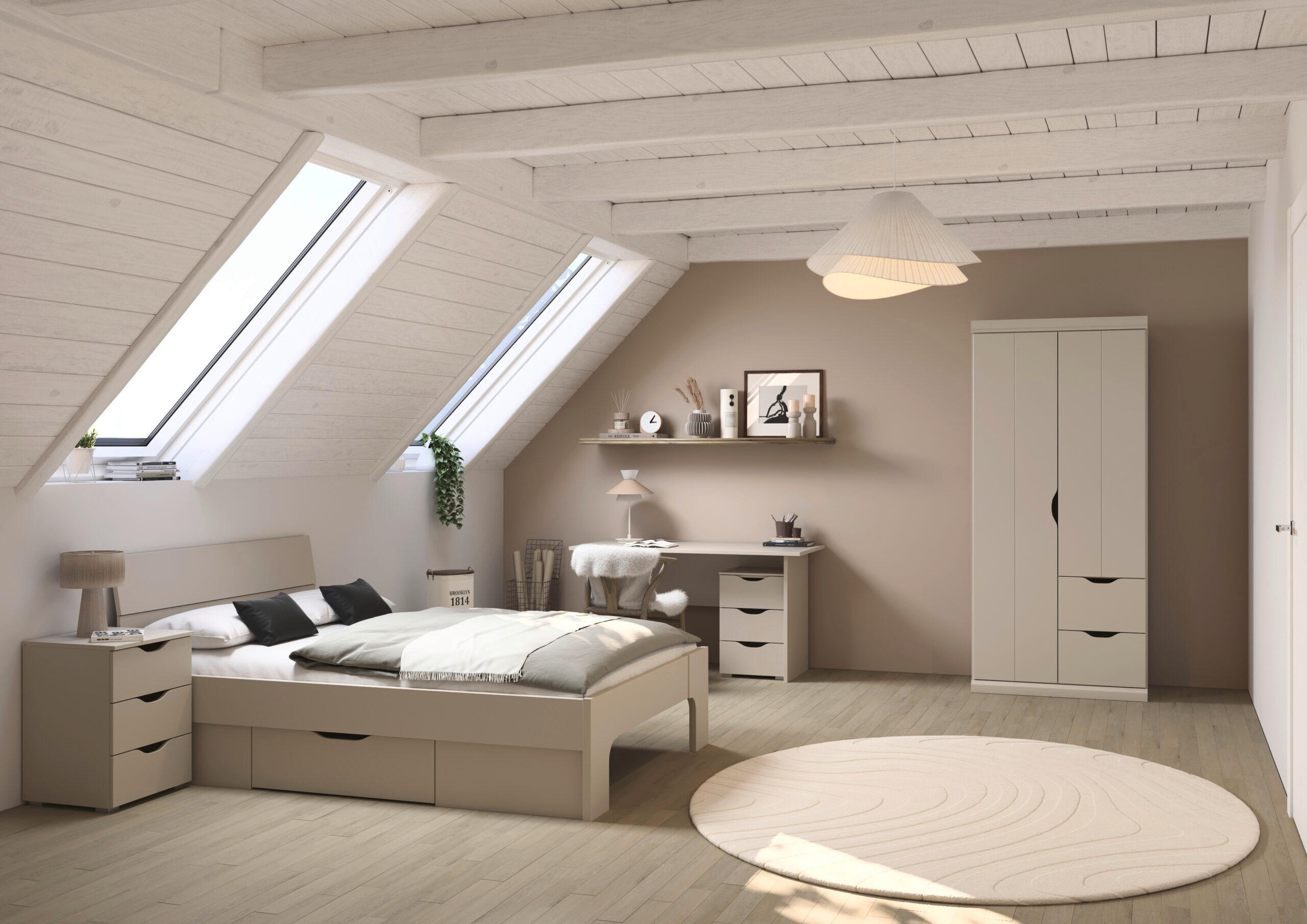 JUGENDZIMMER Frieda in Beige 5-teilig mit 2 türigem Kleiderschrank mit Schubkästen, 140er Jugendbett, Nachttisch, Schreibtisch mit Container - Beige, Holzwerkstoff (80/200/120cm)