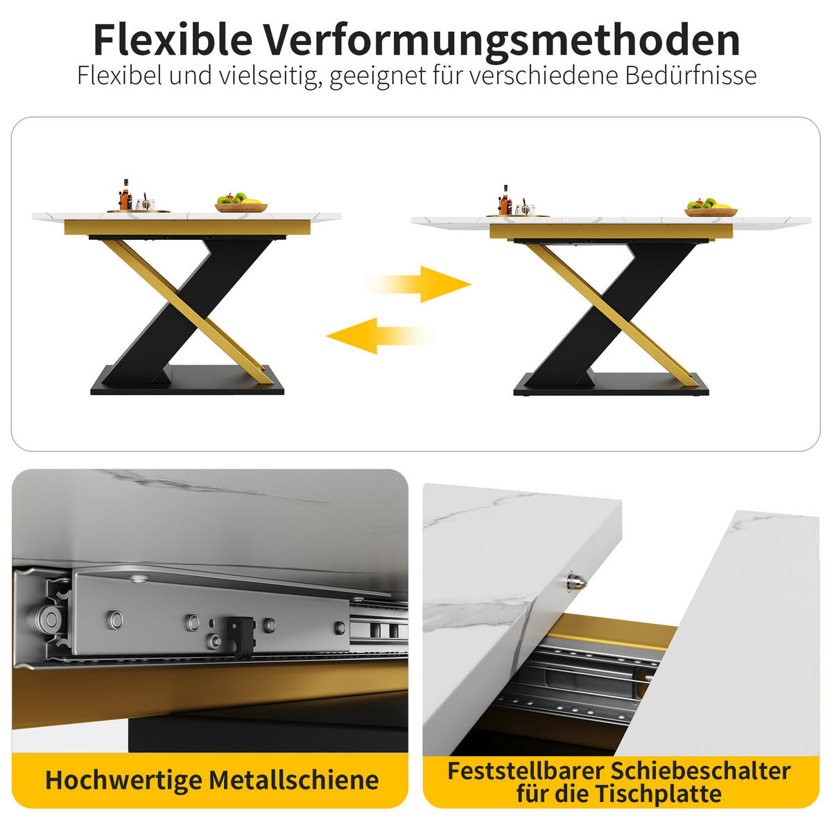 AUSZIEHBARER Esstisch MDF mit Marmormuster & Metallgestell, 120-160/80/75,4 cm, Schwarz - Schwarz, Holzwerkstoff (160/80/75.4cm) - Redom