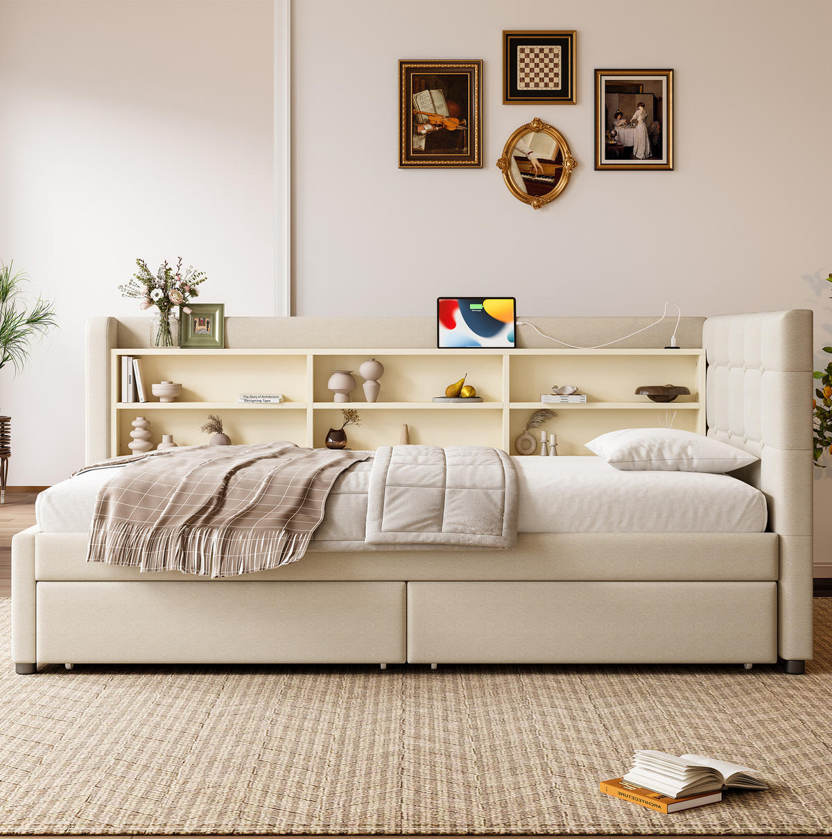 POLSTERBETT aus Leinen 90x200 cm in Beige mit USB-C & 2 Schubladen - Beige, Textil (90/200cm) - Modfu