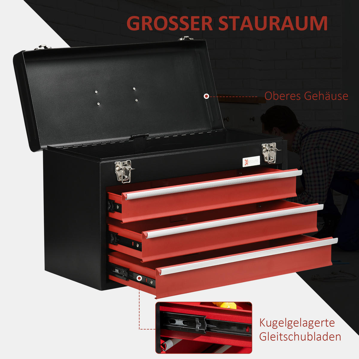 WERKZEUGKASTEN Werkzeugkoffer ohne Werkzeug mit 3 Schubladen und Schloss Stahl - Schwarz, Metall (22/32/51cm) - DURHAND