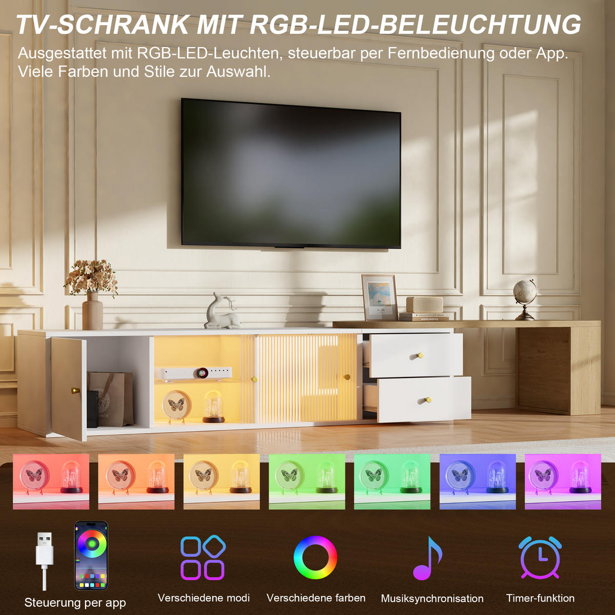 TV-LOWBOARD LED Ausziehbar Schubladen Glas Türen Weiß Holz - Multicolor, Holzwerkstoff (175/38/40cm) - FLIEKS