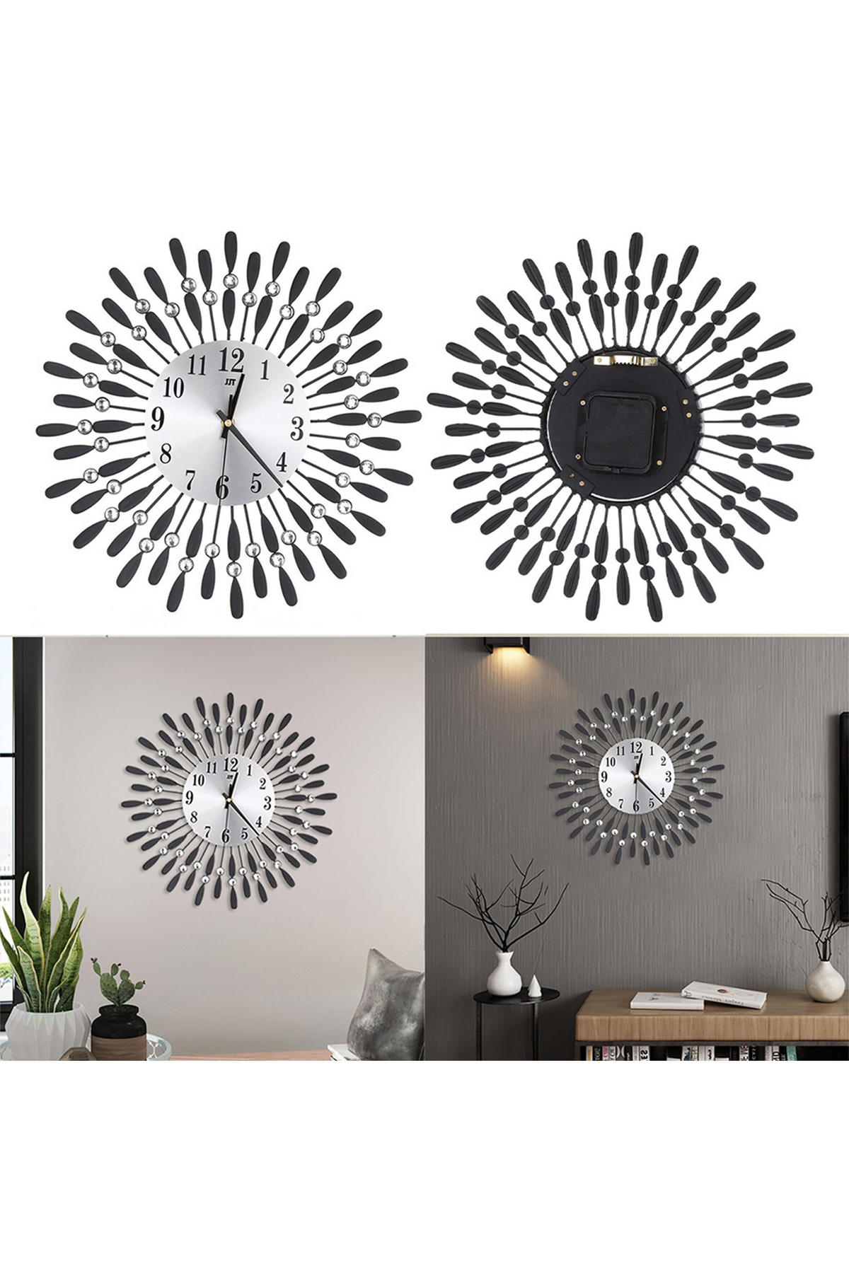 WANDUHR aus Aluminium Eisen in Schwarz Rund Europäische blumenförmig Gut lesbares Zifferblatt 37,5 x 37,5 cm - Schwarz, Metall (37.5/1/37.5cm) - Livingandhome