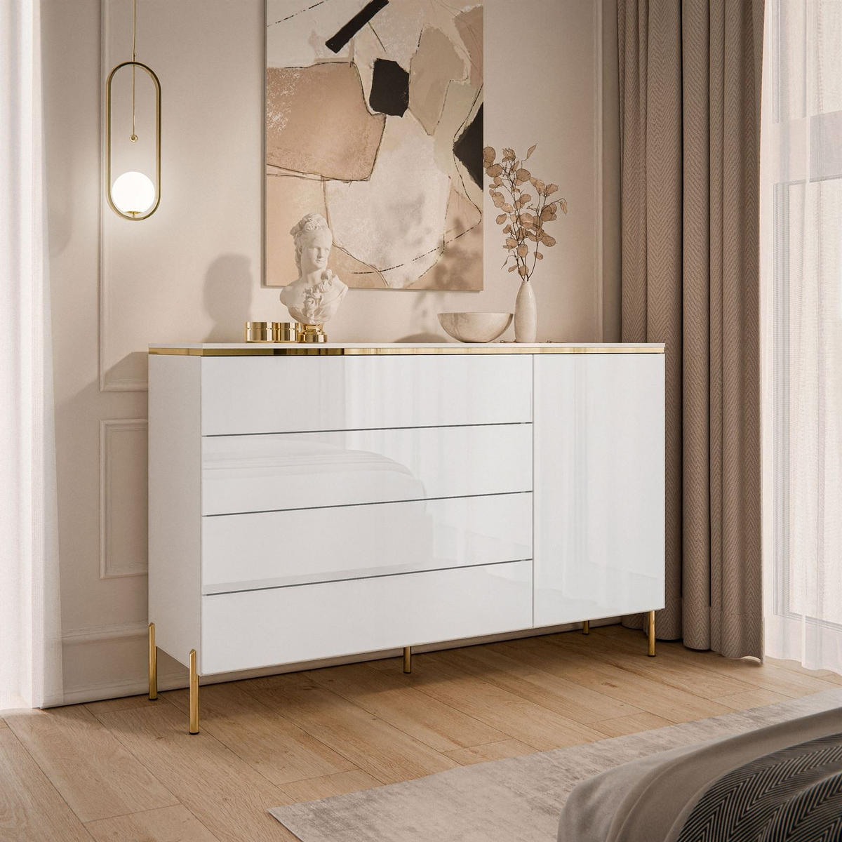 KOMMODE AURORA 4S1D Weiß / Weiß hochglanz mit gerade Goldchrom Fuße - Weiß Hochglanz/Goldfarben, Holzwerkstoff/Metall (140/91/40cm) - Lookway