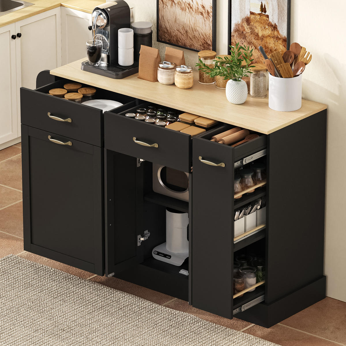 SIDEBOARD mit Abfallfach, Gewürzregal und Schubladen, Schwarz - Schwarz, Holzwerkstoff (133.5/86/40cm)