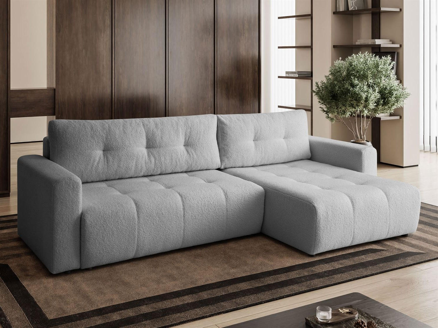 ECKSOFA VIENNA Stil Bettkasten und Funktionalität Bouclé Grau Rechts - Grau, Holz (261/143cm) - Kaiser Möbel