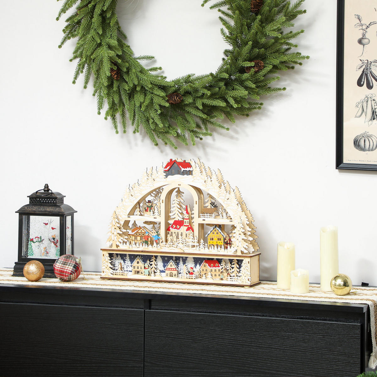 WEIHNACHTSDORF mit LED-Leuchtung, 45 cm Weihnachtsstadt mit Schneemann Renntier - Naturfarben, Holzwerkstoff (10/35/45cm) - HOMCOM