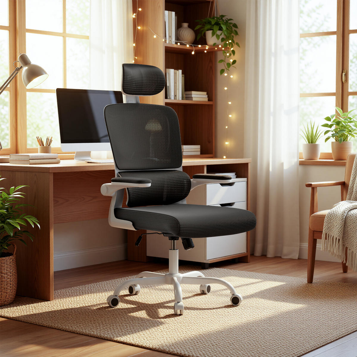 BÜROSTUHL Schwarz-Weiß ergonomisch mit klappbaren Armlehnen - Weiß, Metall (25/52.5/65cm) - Rattrix