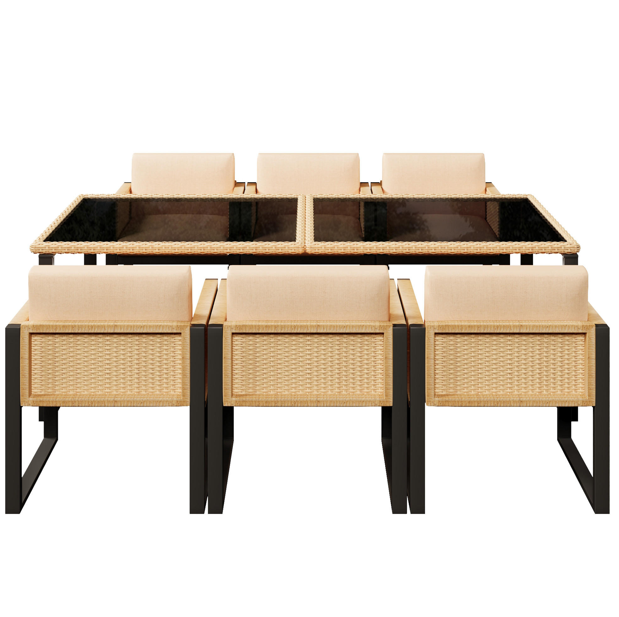 Redom ZAHRADNÍ jídelní set 170/80/75 cm se 6 židlemi, PE ratan, tvrzené sklo a snímatelné potahy, Černá, Hnědá