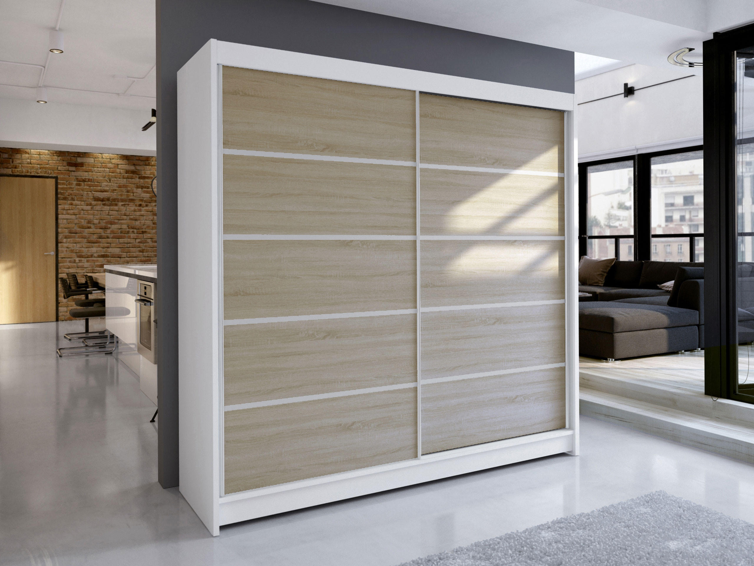 SCHWEBETÜRENSCHRANK Talin IV - Beige/Silberfarben, Holzwerkstoff/Metall (180/215/58cm) - MIRJAN24