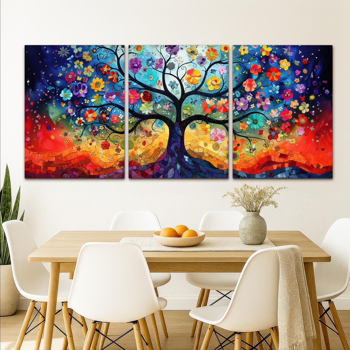 LEINWANDBILD 3er Set Bunt - Baum des Lebens - Blumen - Abstrakt 180x80 cm - Blau, Textil (180/80cm) - MuchoWow
