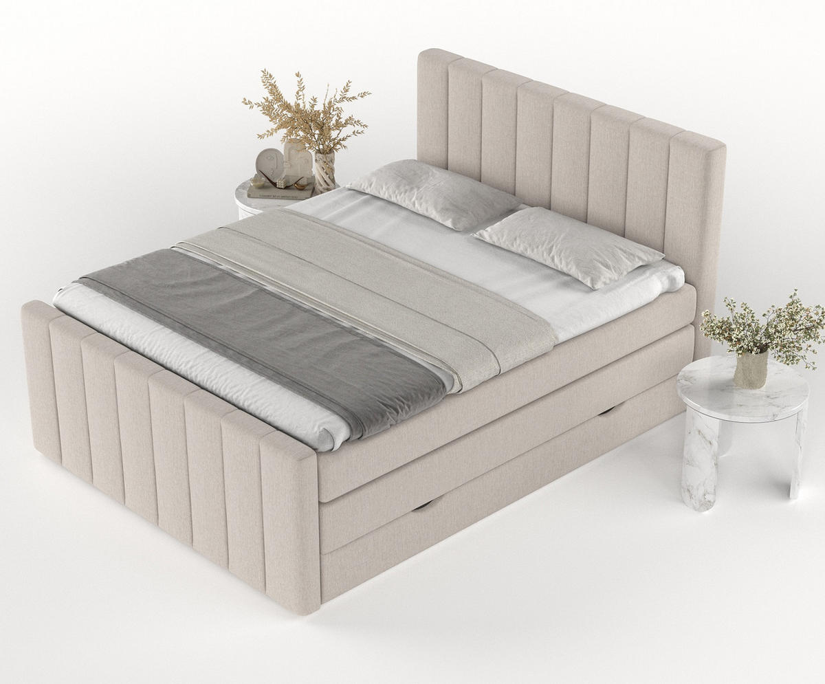 BOXSPRINGBETT Ruby Beige 140/200 cm mit Matratze und Topper - Beige/Schwarz, Holz/Holzwerkstoff (140/200cm) - Maison de Reve