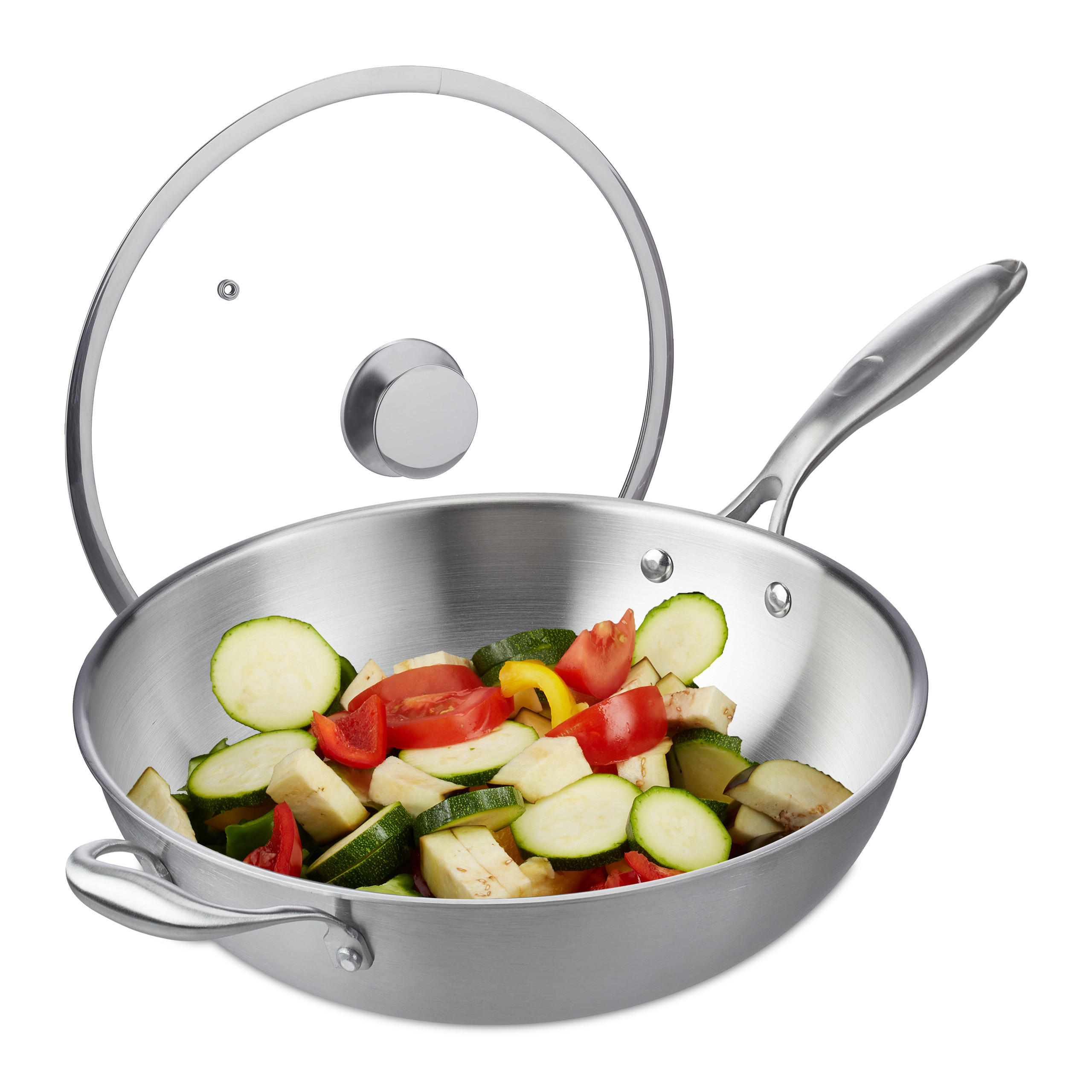 EDELSTAHL-WOK - Silberfarben, Glas/Metall (32/60/16cm) - Relaxdays