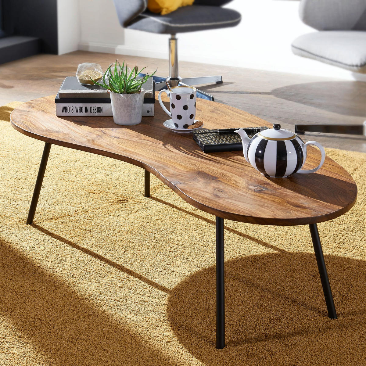 COUCHTISCH Retro-Stil mit Nierenform, Massivholz, Metallbeine, pflegeleichte Tischplatte, Braun 122x63x36 cm - Schwarz/Braun, Holz/Metall (63/122/36cm) - KADIMA DESIGN