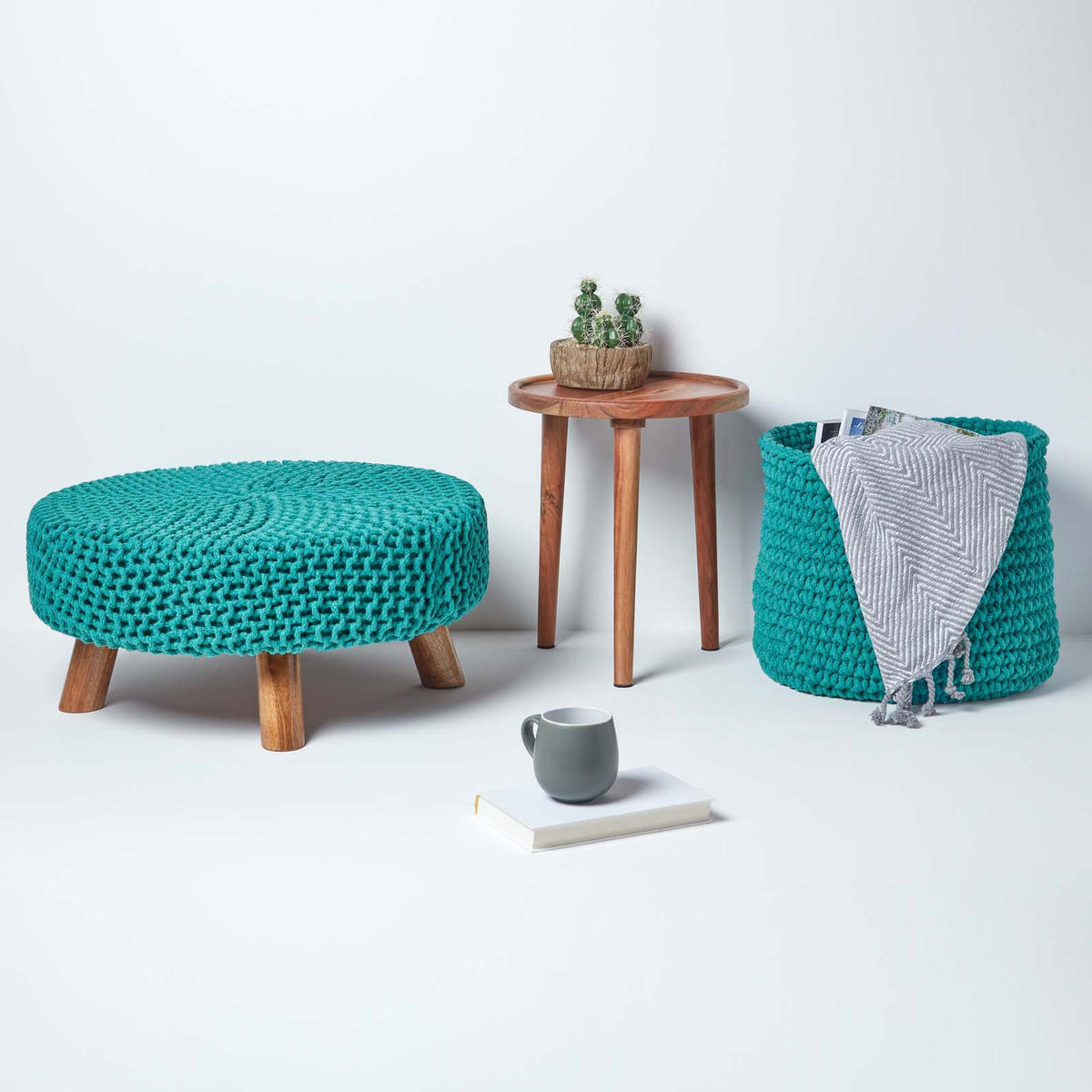 STRICK-HOCKER petrol-grün, rund 62/62/30 cm - Grün, Textil (62/30/62cm) - Homescapes