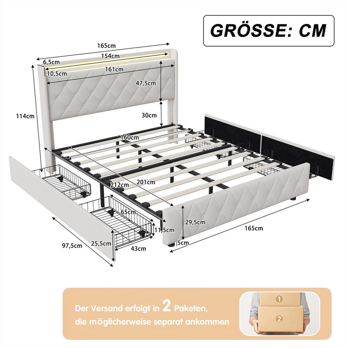 POLSTERBETT 160x200 cm mit 4 Schubladen & LED-Beleuchtung - USB-Anschlüsse - ohne Matratze - Beige - Beige, Textil (160/200cm) - DELFA