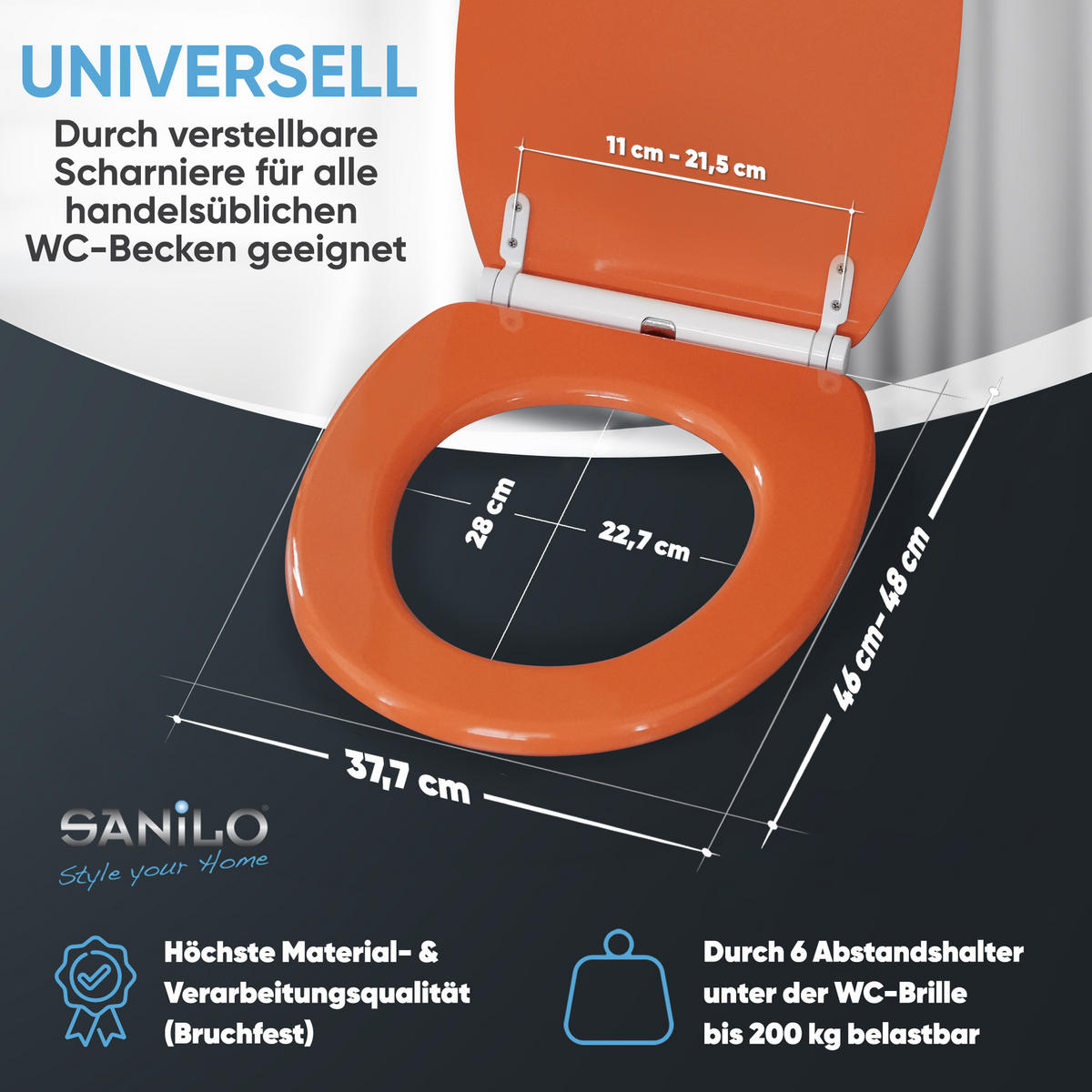 WC-SITZ mit Absenkautomatik & Top Fix Orange - Orange, Holzwerkstoff (37.7/5.5/48cm) - Sanilo
