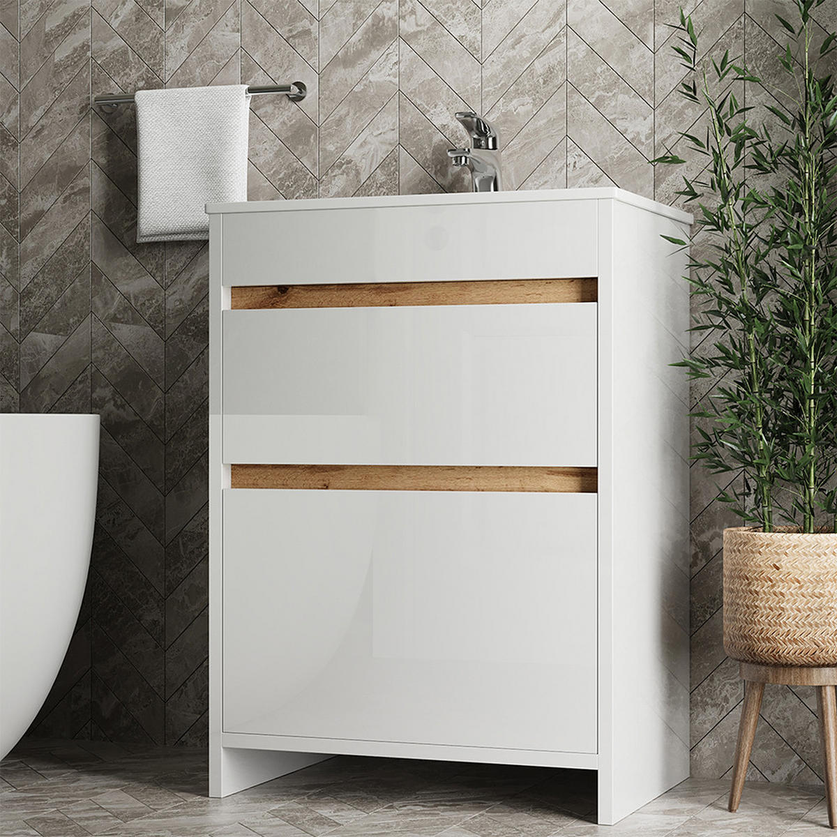 WASCHTISCHKOMBI Detmold, Weiß, 2 Teile, Unterschrank 60 cm - Honigeiche/Weiß Hochglanz, Holzwerkstoff (59.6/81.9/40cm) - Vicco