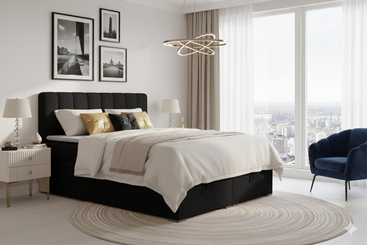 BOXBETT DAVID 140/200 Velour Schwarz mit einer Matratze H4 - Schwarz, Holz/Holzwerkstoff (140/200cm) - Deine Möbel 24