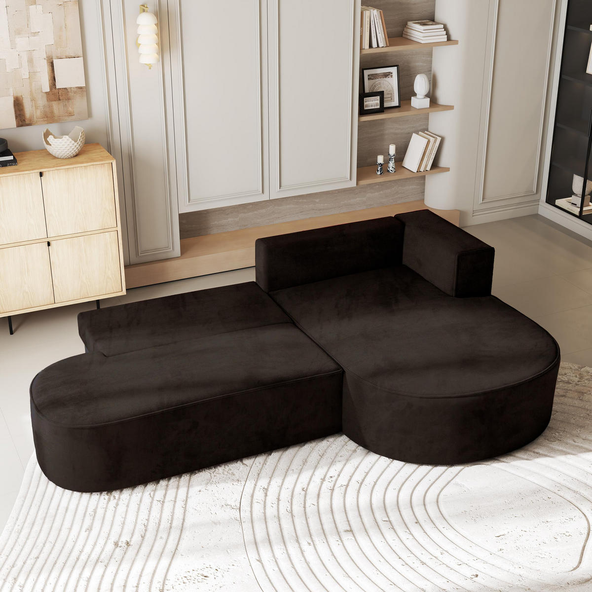 ECKSOFA CORTIO M R-S Braun Velours-Stoff mit Schlaffunktion - Braun, Holz (265/174cm) - MASSENO