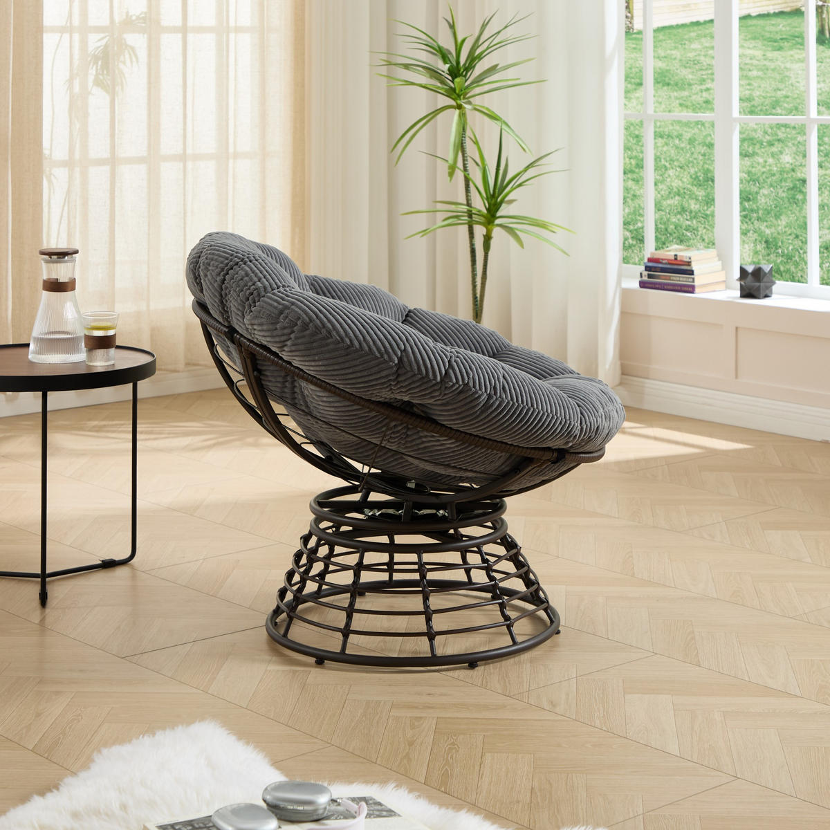 GARTEN-RELAXSESSEL Papasansessel, 360° drehbar,Rattan,Cord, Grau - Hellgrau, Textil (60/67/92cm) - LVHOM