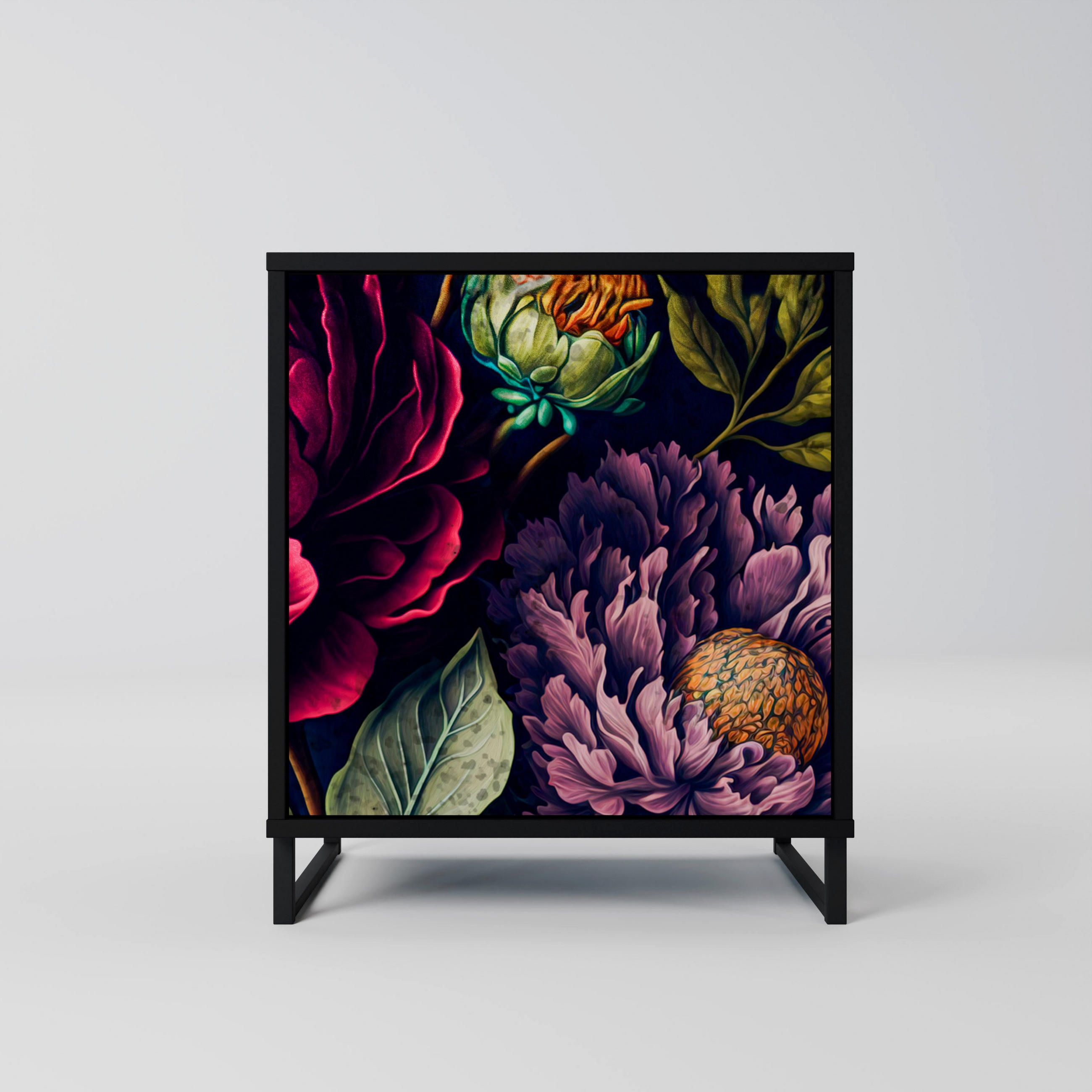 SIDEBOARD BLOOMING ELEGANCE, Schwarz, 57,5x42x67,5 cm, Schwarze Metall-Rahmenfüße - Multicolor/Schwarz, Holzwerkstoff/Metall (57.5/67.5/42cm) - SpaceRebels