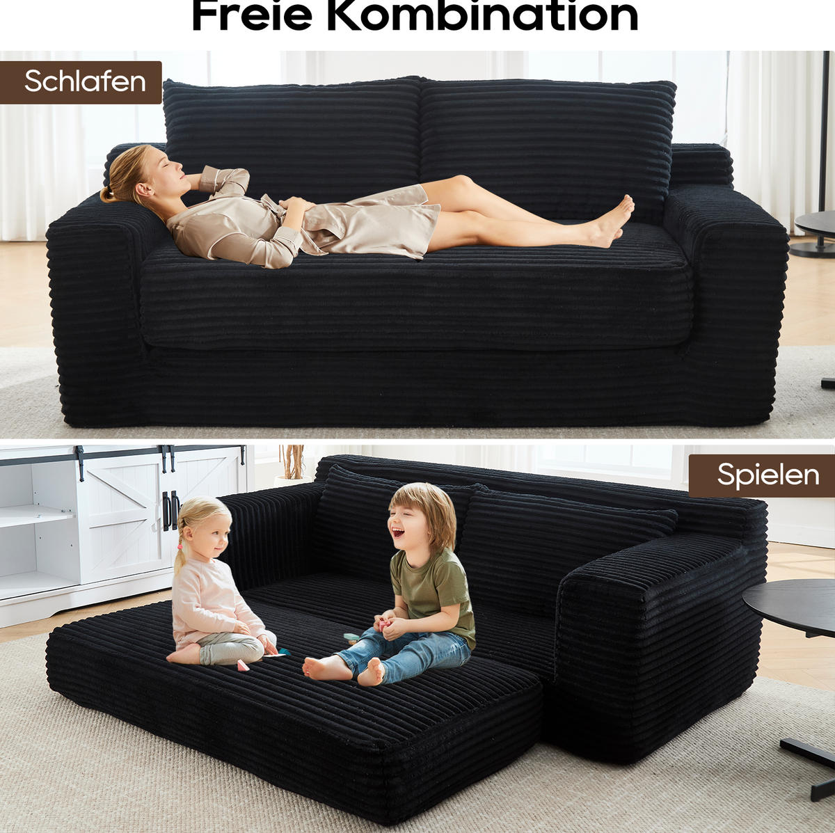 SCHLAFSOFA 2-in-1 ausklappbar Cord Schwarz - Schwarz, Holzwerkstoff (85/62/180cm) - Meubliv