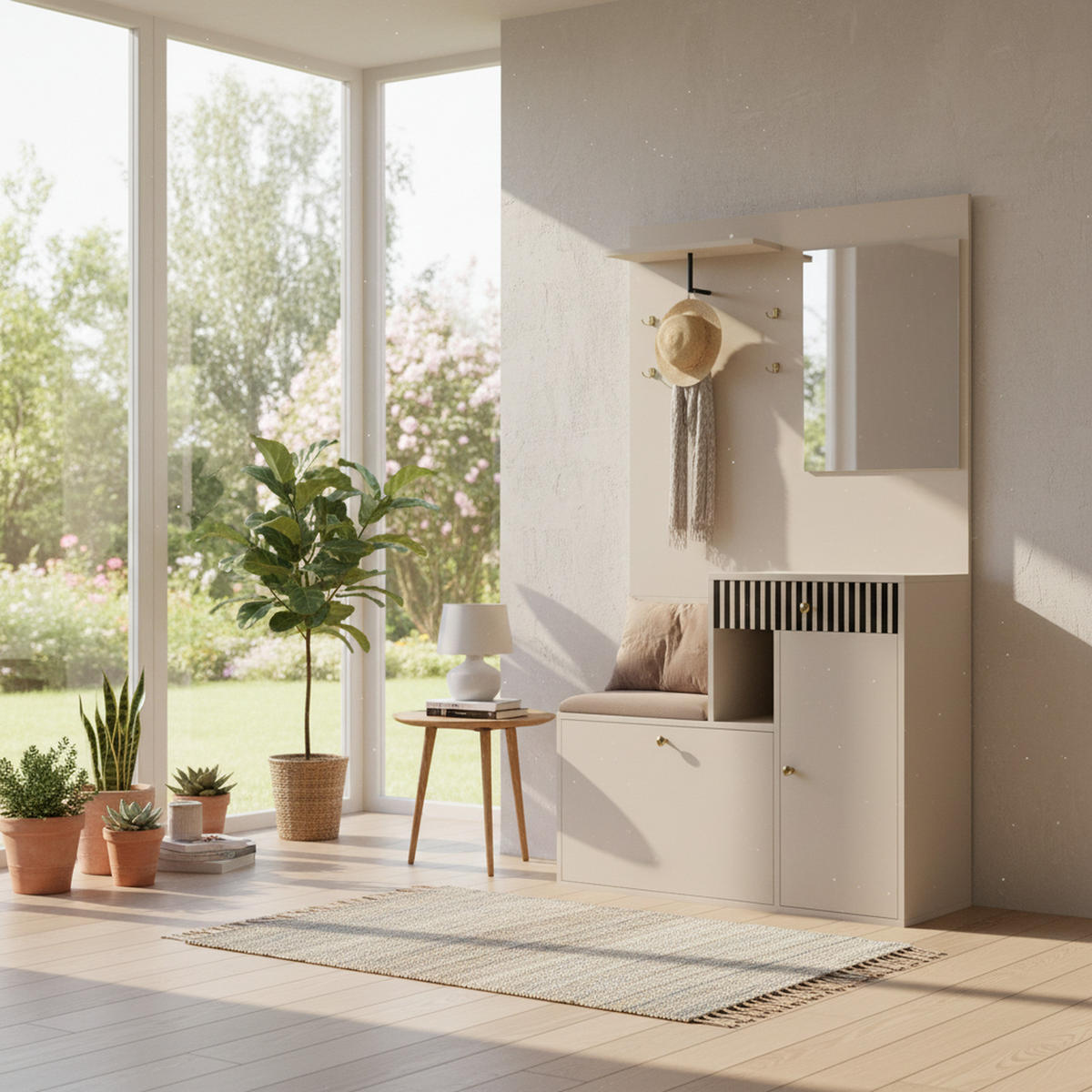 GARDEROBE FÜR FLUR - kombischrank mit Spiegel, Sitzbank und Stauraum - Beige, Glas/Holzwerkstoff (110/185.5/37cm) - Urban Meuble