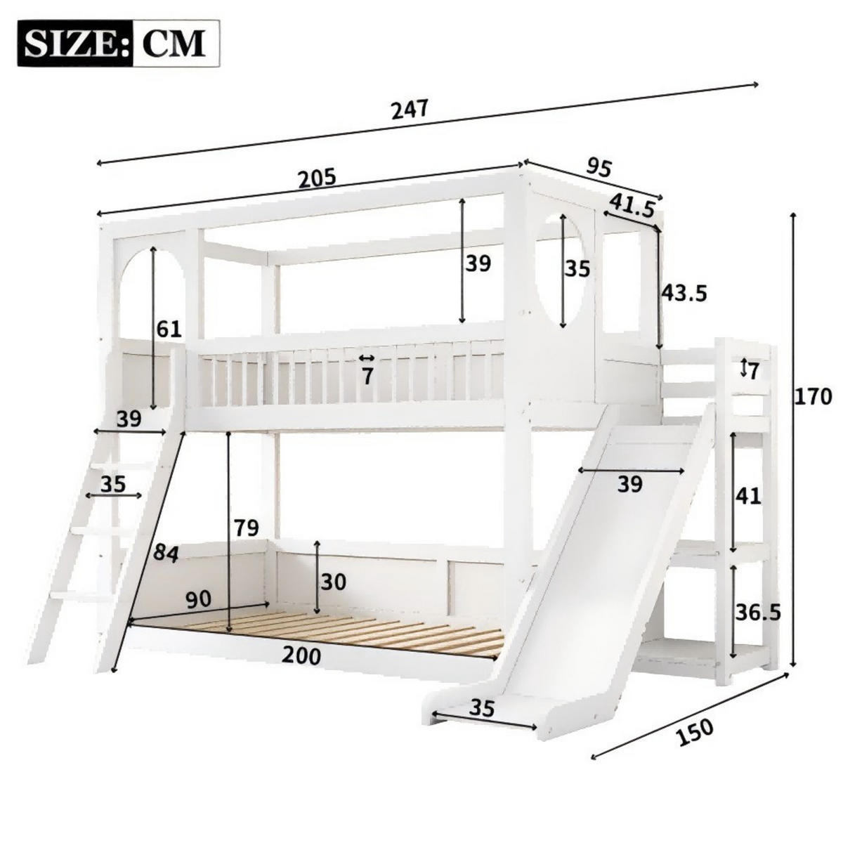 ETAGENBETT 90x200cm mit Rutsche in weiß - Weiß, Holz (90/200cm) - KOMHTOM