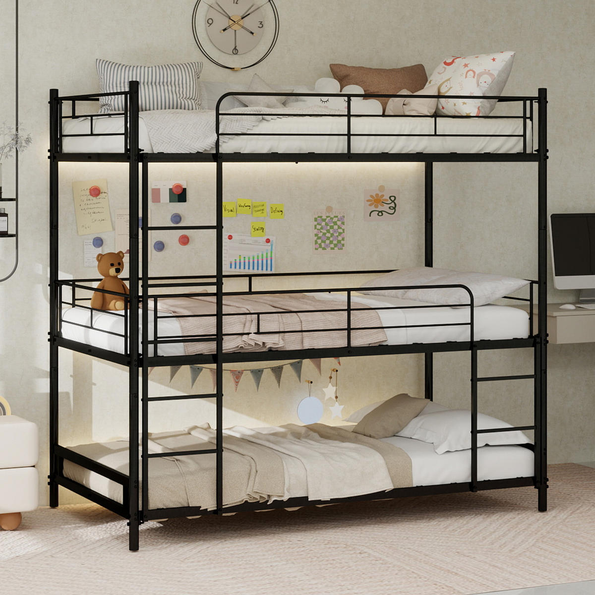 ETAGENBETT 3 Ebenen Leiter Geländer - Schwarz, Metall - LEBENLANG