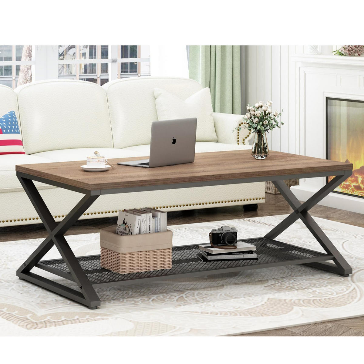 COUCHTISCH Holz Metall Industrial mit Ablage 120 x 60 x 45 cm - Walnussfarben, Holzwerkstoff/Metall (60/120/45cm) - Quality Elegance