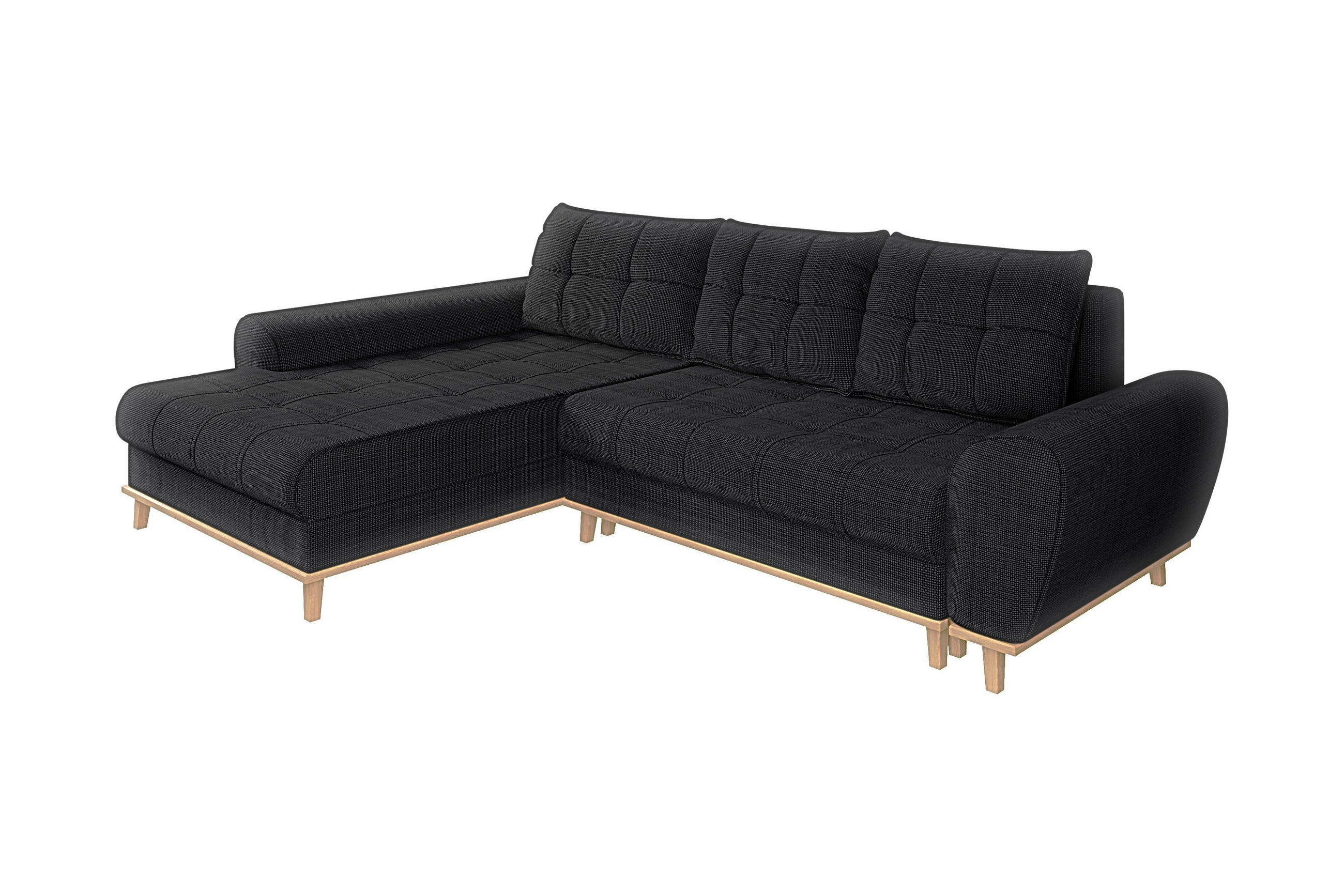 ECKSOFA im Scandi-Stil, Schlaffunktion, Bettkasten B268/T175/H86 cm, Ottomane links, Liegefl. 128x209 cm, Bouclé Chenille Stoff in Anthrazit / 21012 - Eichefarben/Anthrazit, Holz/Textil (268/175cm) - luma-home
