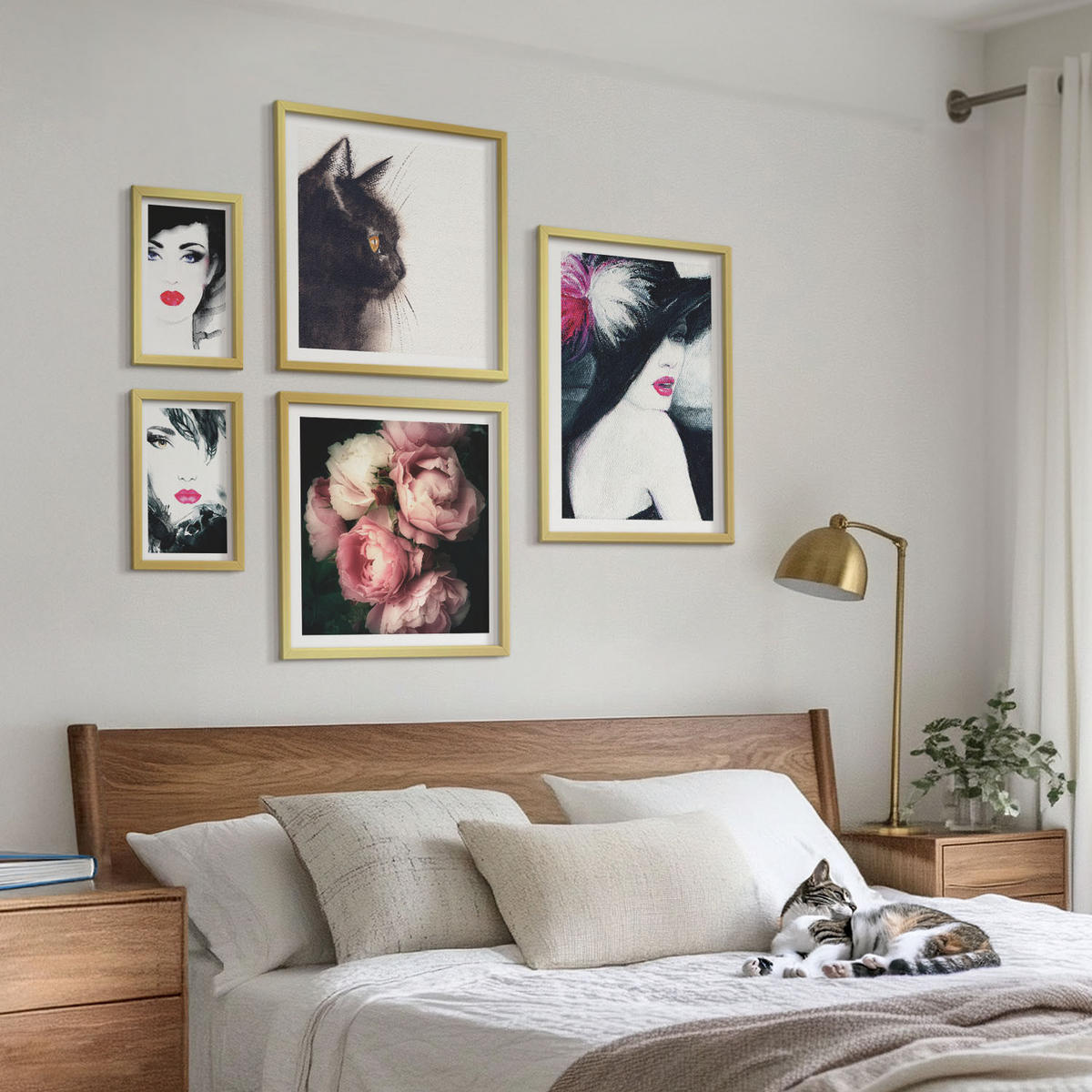 WANDBILDER 5er Set - 50x50 cm & 20x30 cm & 40x60 cm Goldrahmen - Boho-Buch mit Muscheln - Goldfarben, Kunststoff (40/60cm) - ArtPrintCave