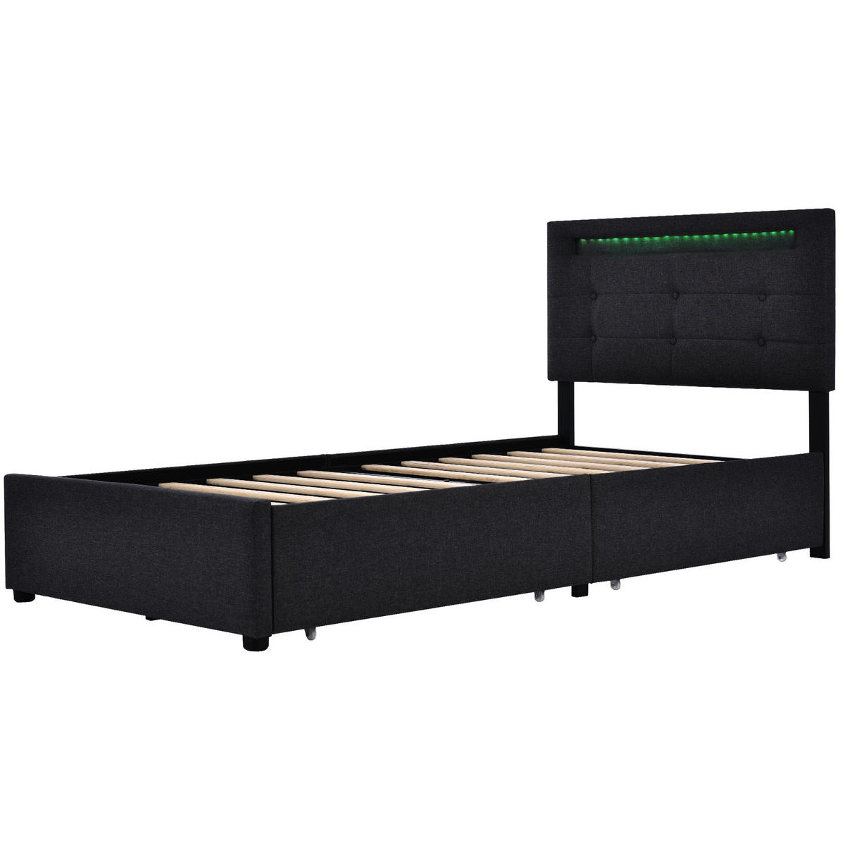 ČALÚNENÁ posteľ z ľanu 90x200 cm čierna s LED osvetlením, 2 zásuvkami a nastaviteľným čelom - čierna, textil (90/200cm) - Modfu