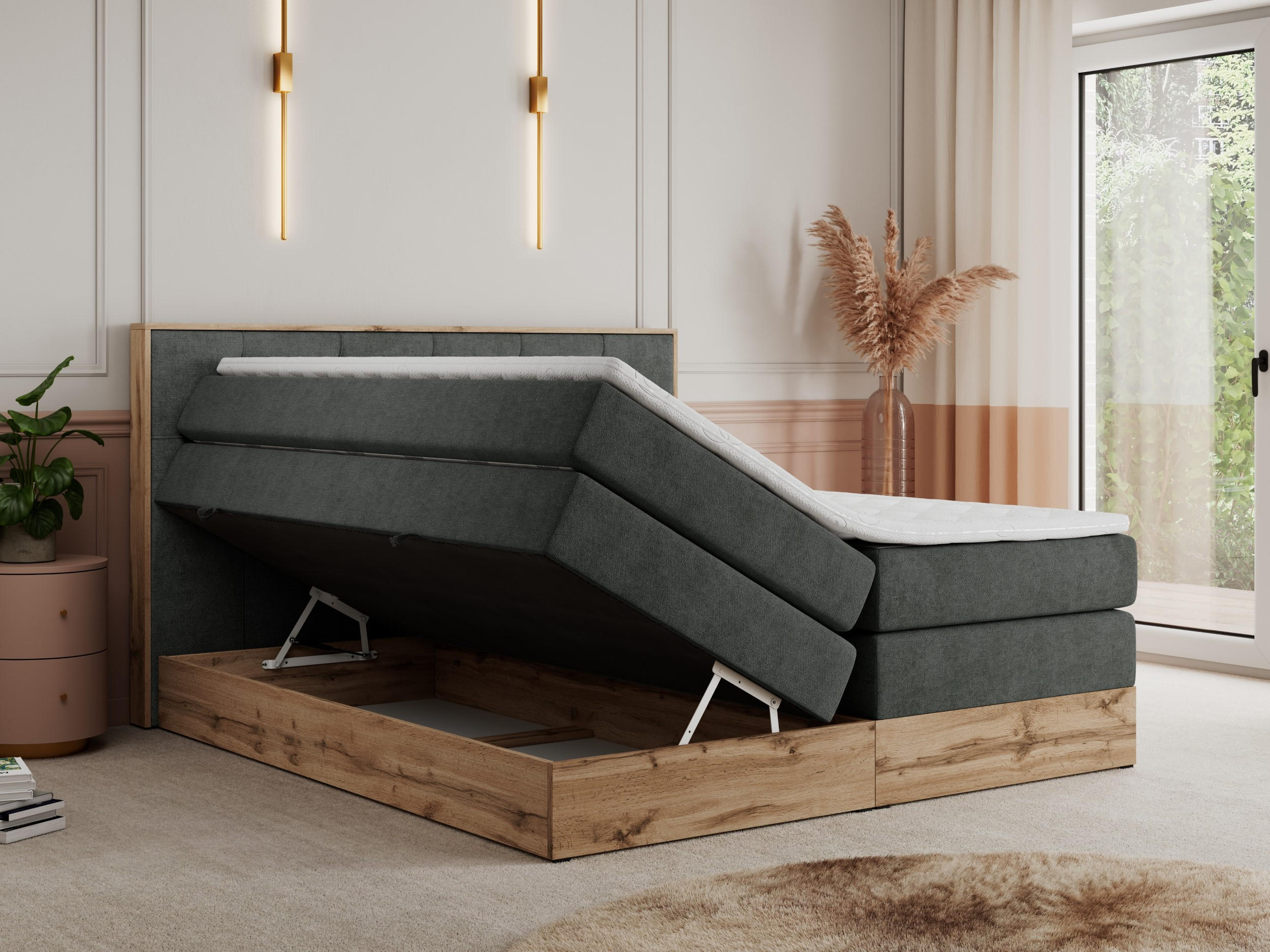 Thumbnail - MKS Boxspringbett, Dunkelgrau, Textil, 2-Sitzer, H3, Rechteckig, 160x200 cm, Schlafzimmer, Betten, Boxspringbetten