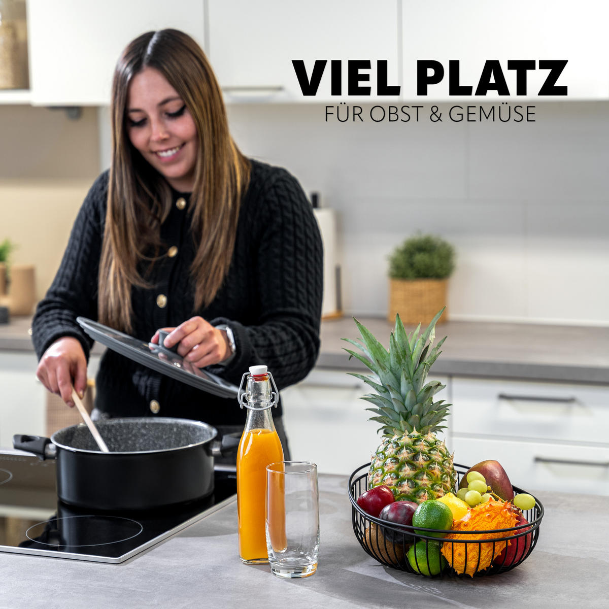 OBSTKORB, rund, aus schwarzem Metall - Schwarz, Metall (11.5cm) - eluno