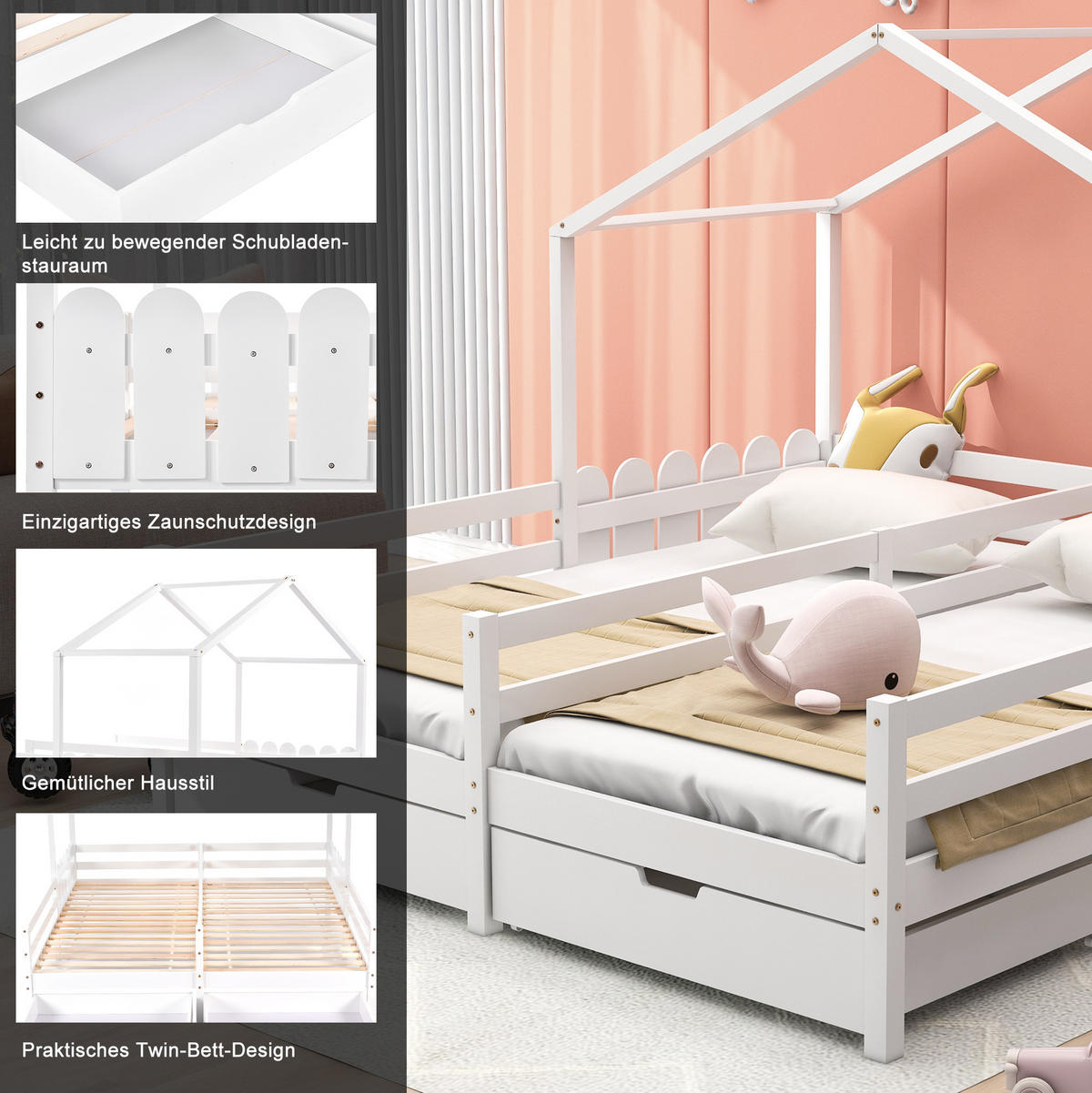 HAUSBETT 90/200 cm in Weiß – Doppelbett mit Dach und 2 Schubladen - Weiß, Holz (90/200cm) - BEAOK