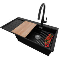 GRANITSPÜLE Sydney, 2-er set Schwarz 90/50 cm 1 Becken + Küchenarmatur 40/20 cm + Ablauf-Set + Küchenzubehörset ab 60er Unterschrank - Chromfarben/Beige, Kunststoff (90/20/50cm) - Primagran