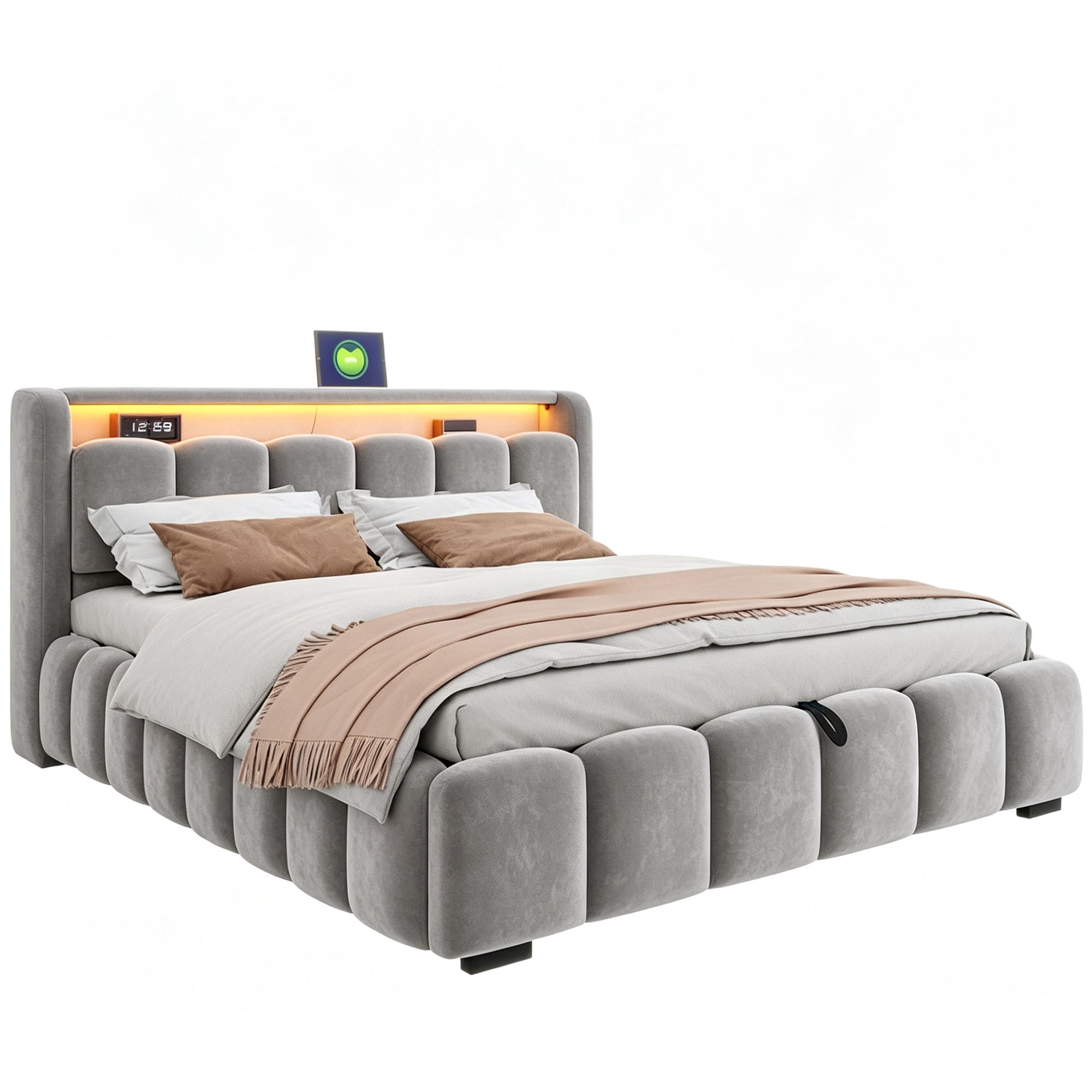 BOXBETT 180/200 mit LED/USB-C, Samt, Grau - Grau, Holz (180/200cm) - LVHOM